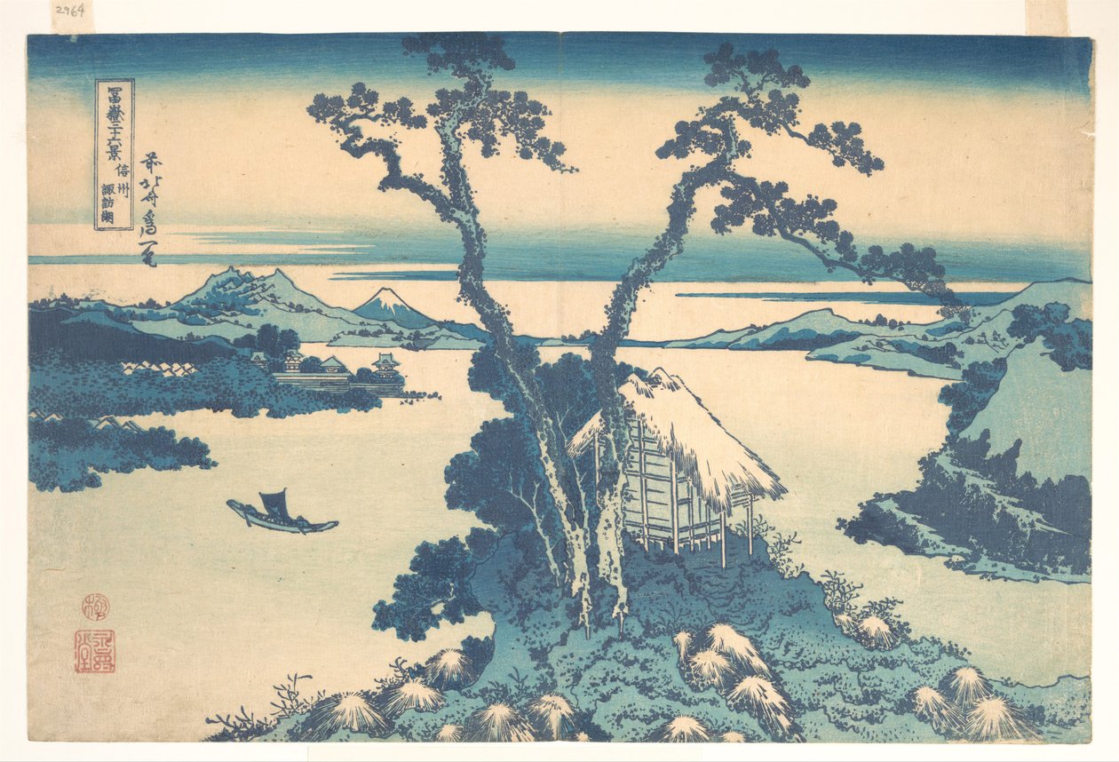 Suwa-søen i Shinano-provinsen (Shinshū Suwako), fra serien »De 36 udsigter over Fuji-bjerget« (Fugaku sanjūrokkei) af Katsushika Hokusai