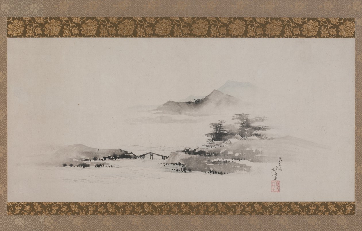 Landskab, Edo-periode, ca. 1801-02 (blæk og farve på papir monteret som hængende rulle) af Katsushika Hokusai