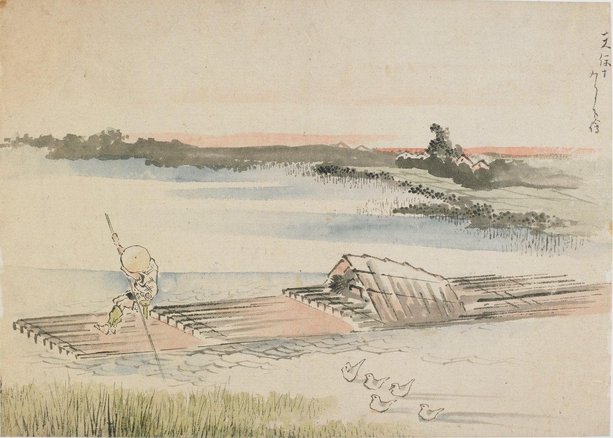 Landskab: bådsmand stanger sin tømmerflåde, slutningen af det 18.-begyndelsen af det 19. århundrede. af Katsushika Hokusai