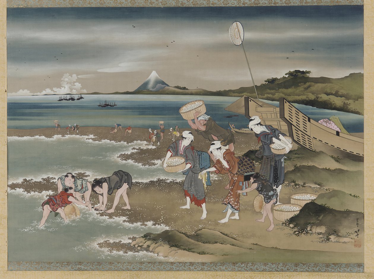 Landskab: muslingesamlere på kysten (blæk & farve på silke) af Katsushika Hokusai