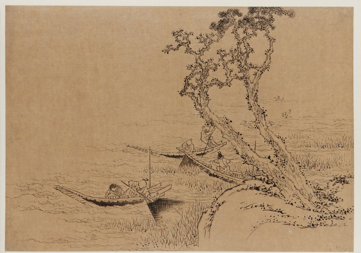Landskab: figurer, der fisker fra både, slutningen af det 18.-begyndelsen af det 19. århundrede. af Katsushika Hokusai