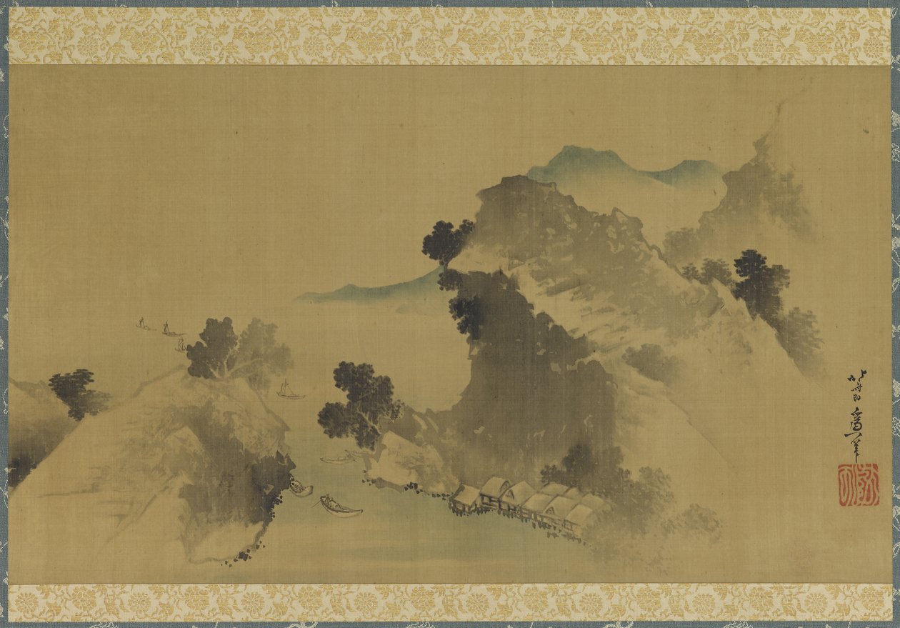 Landskab: bjerge, vandløb og både, Edo-periode (blæk og farve på silkepanel) af Katsushika Hokusai