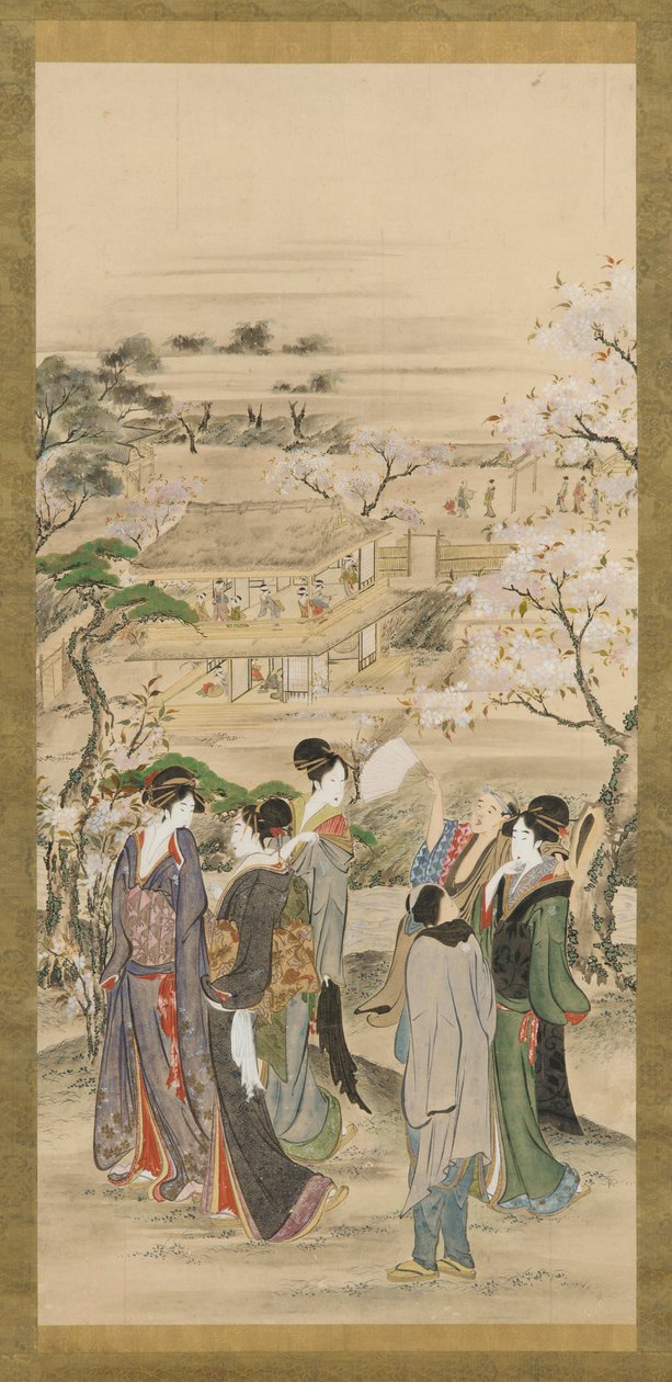 Landskab: fester af mænd og kvinder, der ser på kirsebærblomster, slutningen af det 18.-begyndelsen af det 19. århundrede. af Katsushika Hokusai