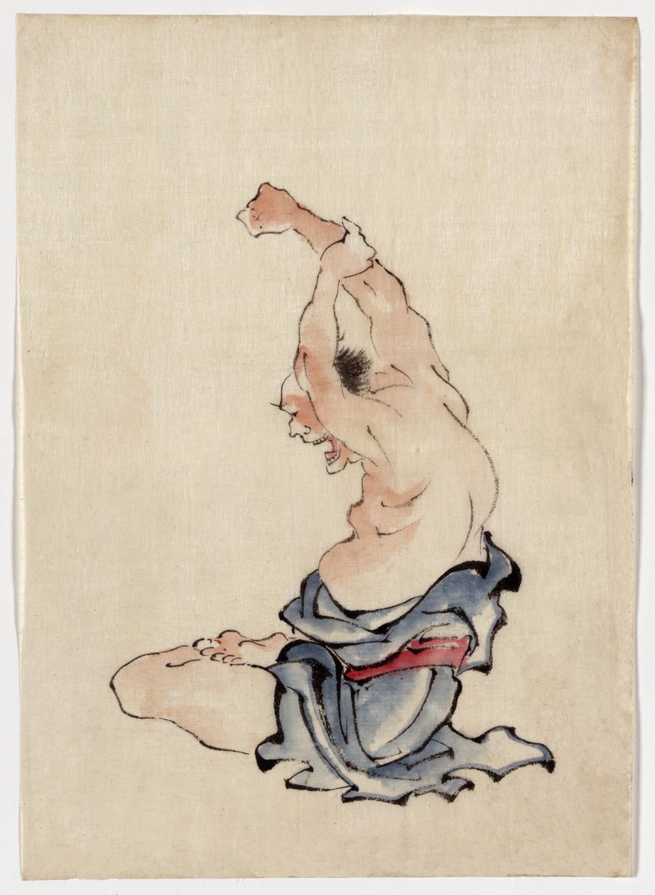 Man Stretching, udgivet 1830-50 (farveblækvask) af Katsushika Hokusai