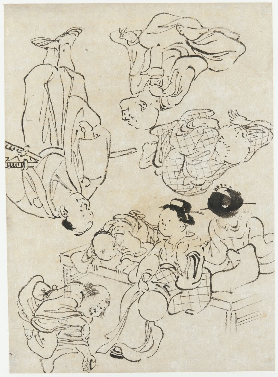 Diverse figurer: sommerfornøjelser, figurer siddende på verandaen og (nederste) samurai, Edo-perioden (blæk på papir) af Katsushika Hokusai