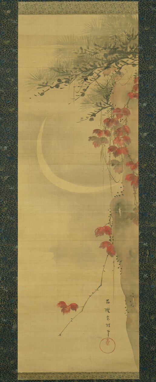 Måne, fyrretræ og ahorn af Katsushika Hokusai
