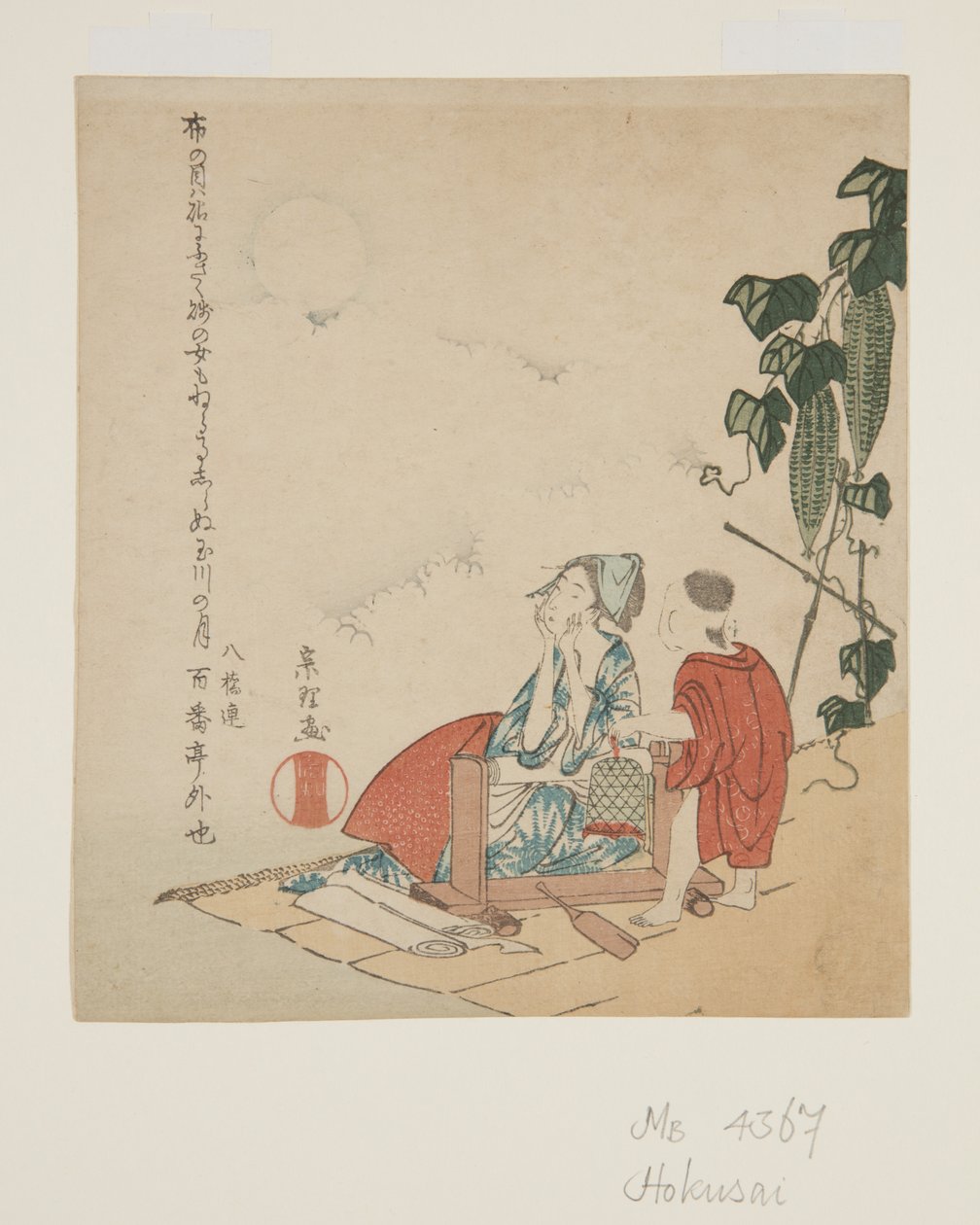 Mother and Child af Gourd Trellis in Moonlight (farvet træbloktryk) af Katsushika Hokusai