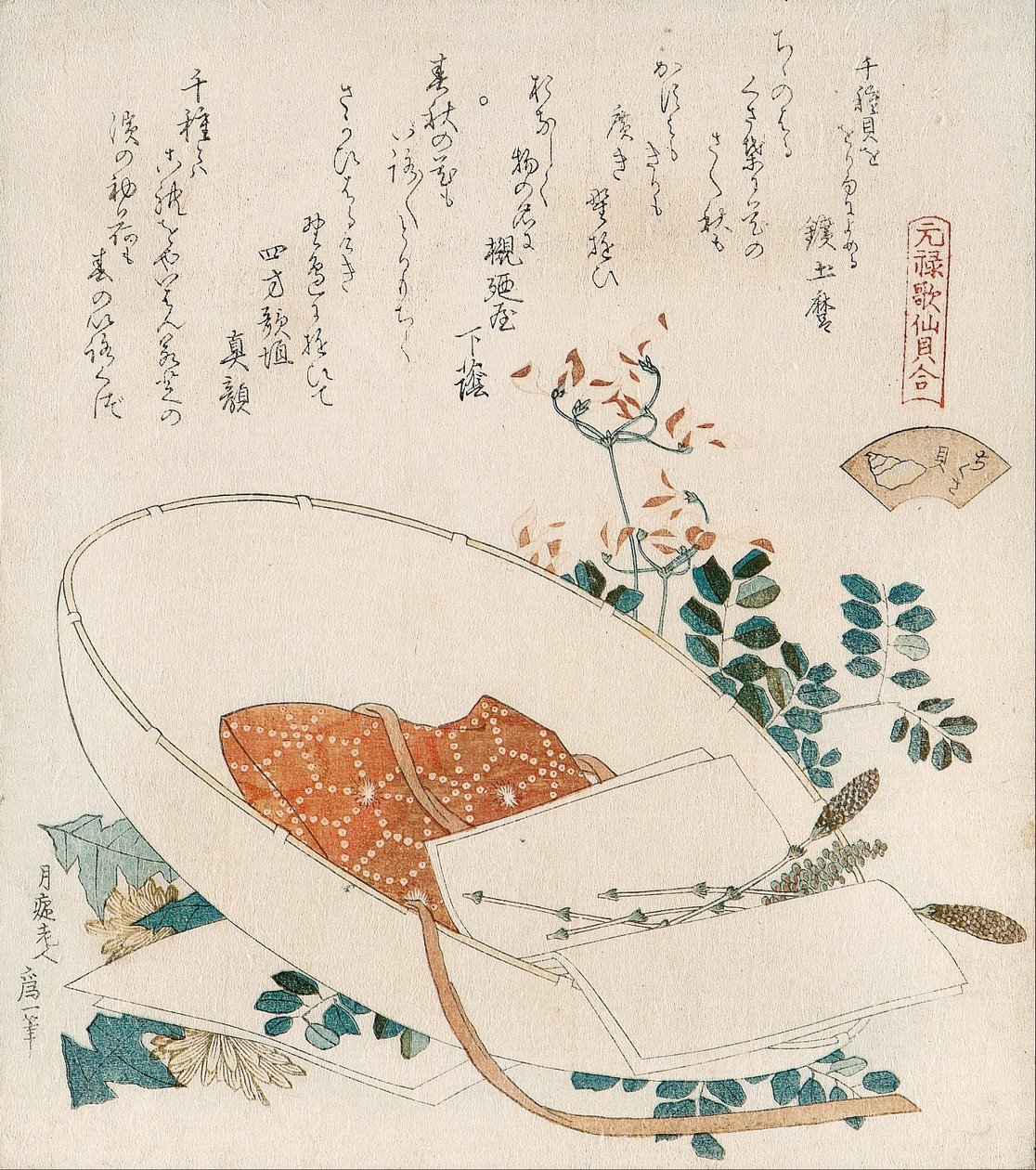 Skallen fra »Myriad Grasses« (Chigusagai)
fra serien »Et skalsammensætningsspil med Genroku-kasen med 36 sammenkædede vers (Genroku kasen kai-awase)« af Katsushika Hokusai