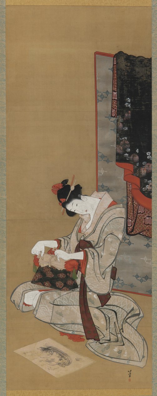 Nytårsbrug: Makeup på nytårsmorgen, Edo-periode, ca. 1806-11 (blæk og farve på silke) af Katsushika Hokusai