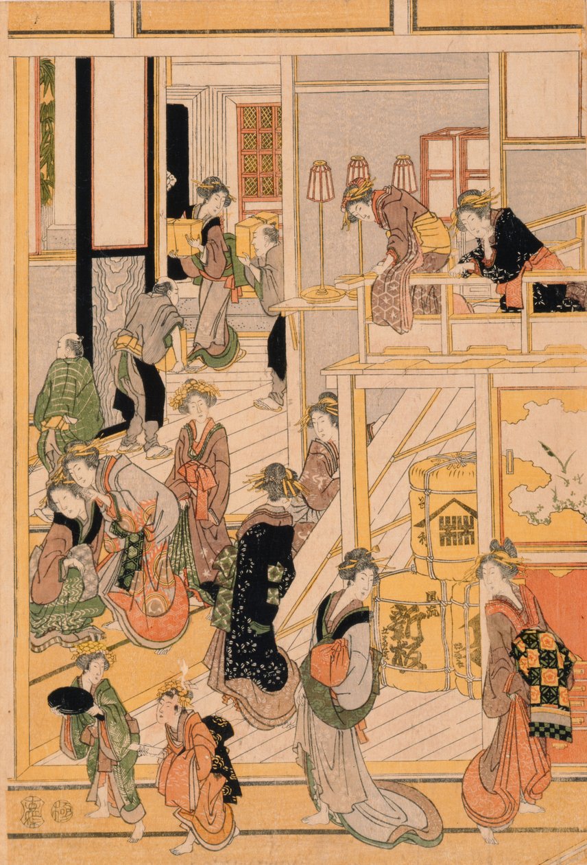 Nytårsdag på tehuset Ogi-ya. ca. 1810 (træblok i farver) (for sæt se 277796-277798) af Katsushika Hokusai