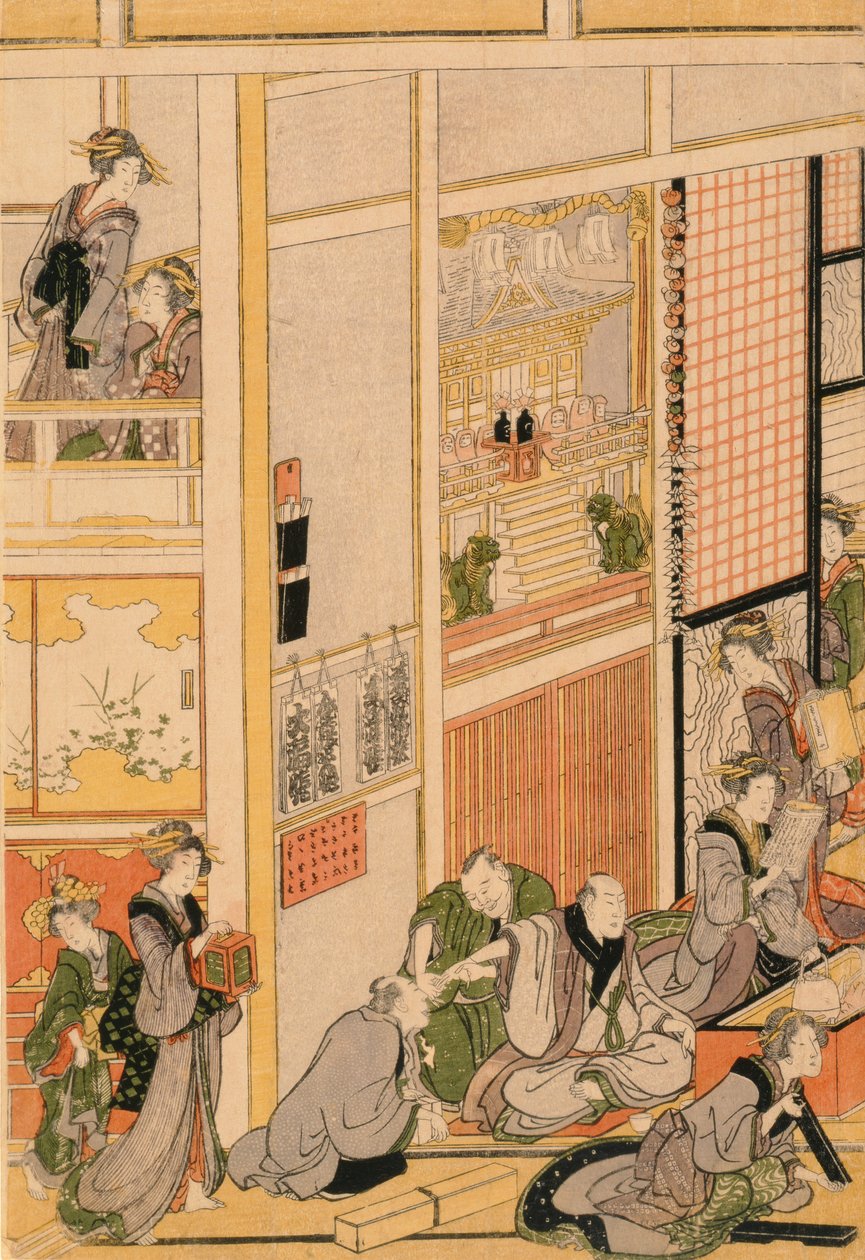 Nytårsdag på tehuset Ogi-ya. ca. 1810 (træblok i farver) (for sæt se 277765 & 277797-277798) af Katsushika Hokusai
