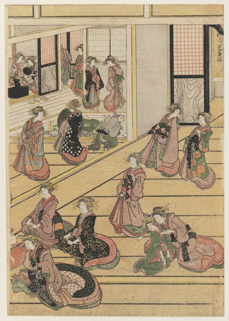 Nytårsdage på tehuset Ogi-ya. ca. 1810 (træblok i farver) (for sæt se 277795-277797) af Katsushika Hokusai