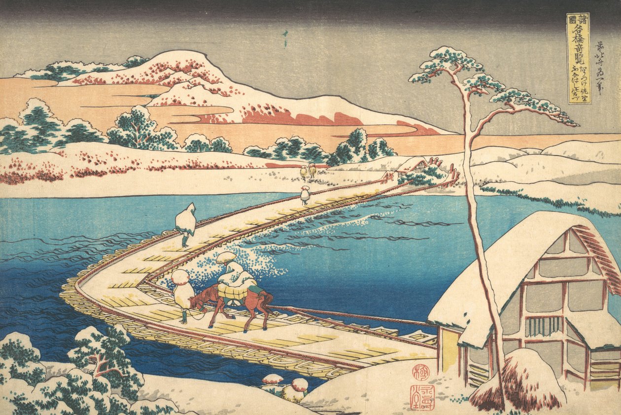 Gammel udsigt over bådbroen ved Sano i Kozuke-provinsen Kozuke Sano funabashi no kozu,..., 1827-30. af Katsushika Hokusai