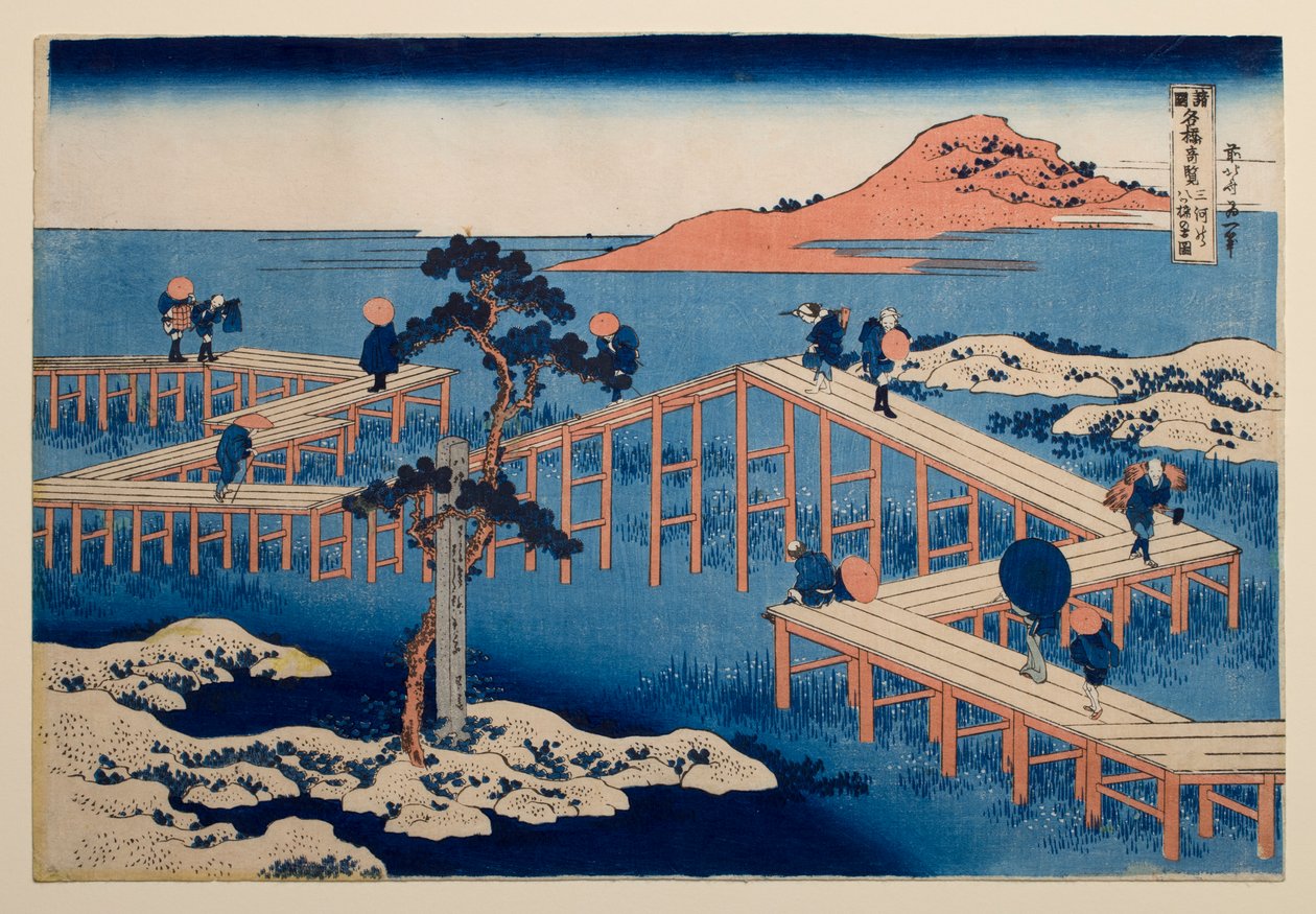 Gammelt billede af den otte-delte bro ved Yatsuhashi i Mikawa-provinsen, fra serien »Bemærkelsesværdige udsigter over broer i forskellige provinser« af Katsushika Hokusai