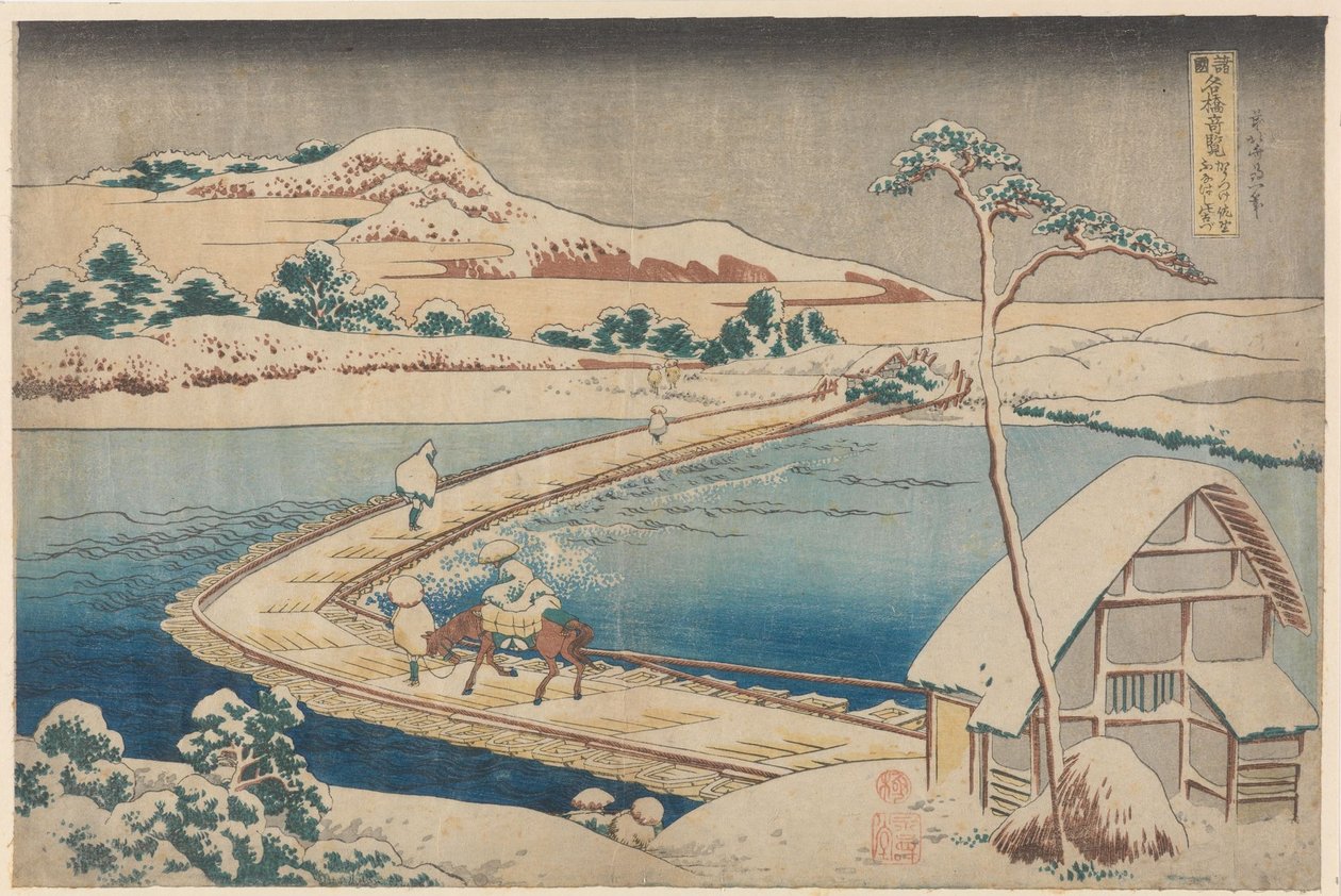 Gammelt billede af pontonbroen ved Sano i Kôzuke-provinsen af Katsushika Hokusai
