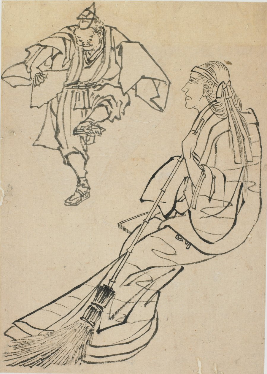 Gammel kvinde siddende på bænken, foran hvem en mand med fan danser, slutningen af det 18.-begyndelsen af det 19. århundrede. af Katsushika Hokusai