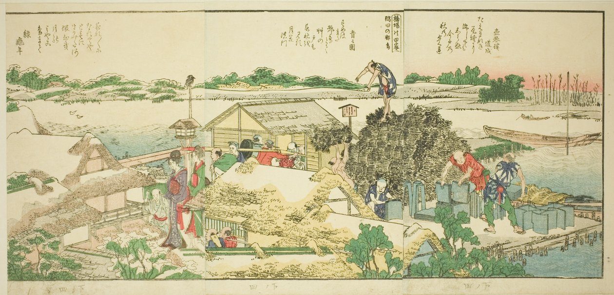 Sider fra den illustrerede bog "Panoramaudsigt langs bredden af Sumida-floden (Ehon Sumidagawa ryogan ichiran)" af Katsushika Hokusai