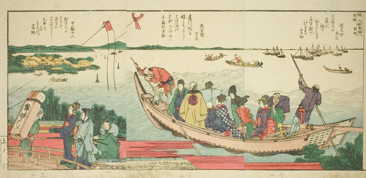 Sider fra den illustrerede bog "Panoramaudsigt langs bredden af Sumida-floden (Ehon Sumidagawa ryogan ichiran)" af Katsushika Hokusai