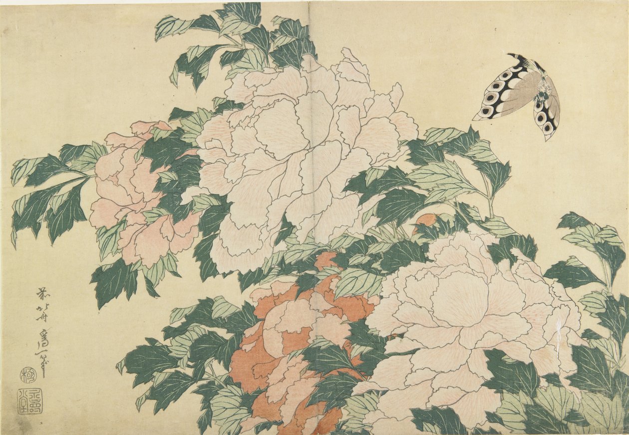Pæoner og sommerfugle, ca. 1830-1831 af Katsushika Hokusai