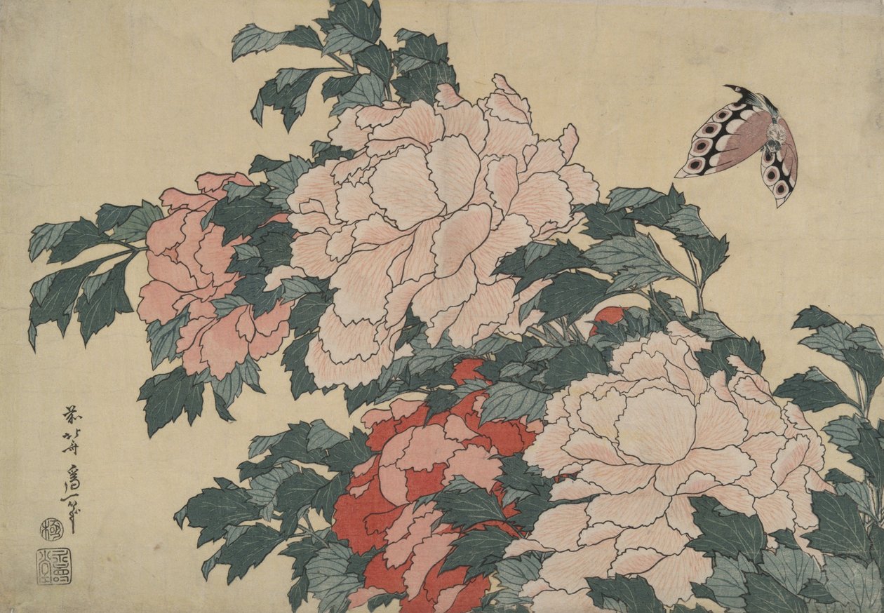 Pæoner og sommerfugl, fra en serie uden titel ved navn »Store blomster« af Katsushika Hokusai