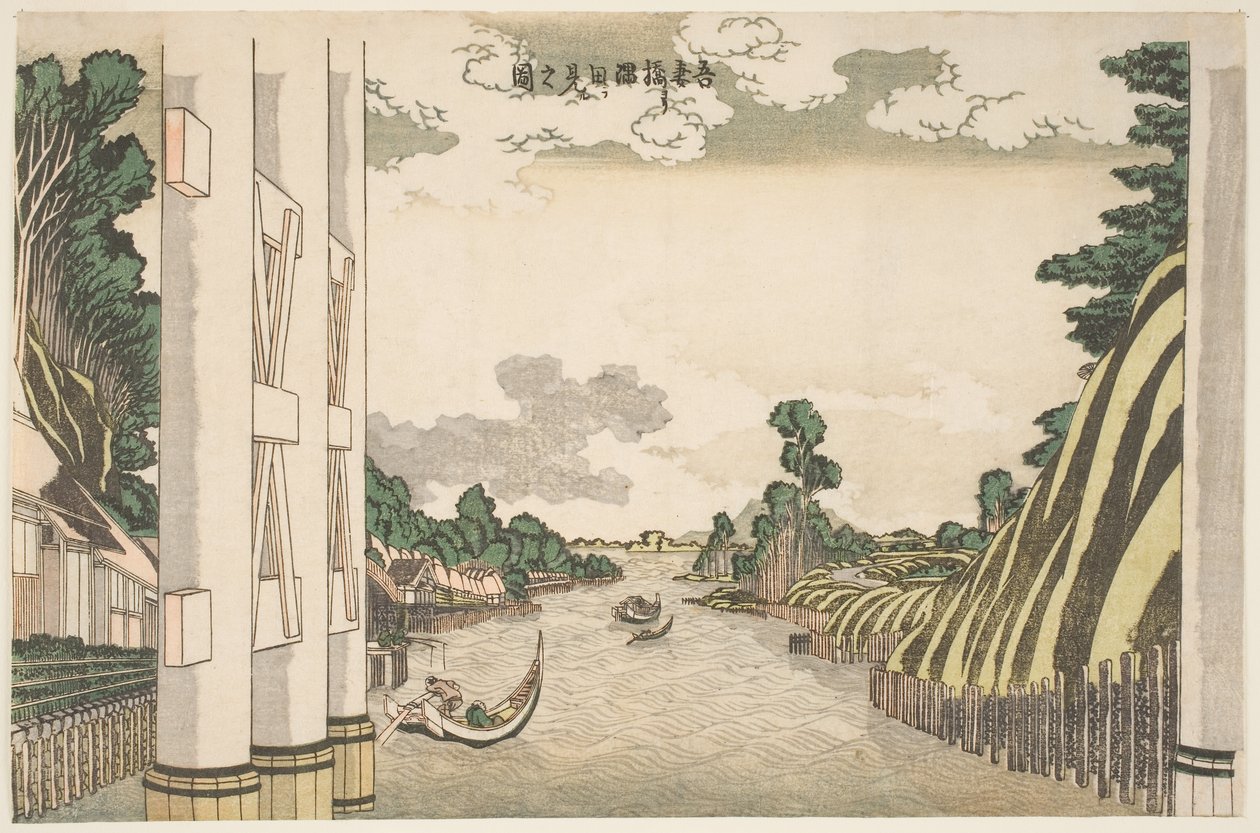 Billede af Sumida-floden set fra under Azuma-broen, ca. 1830 (træbloktryk) af Katsushika Hokusai