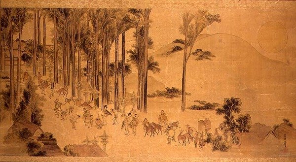Pilgrimme ved Kasuga-helligdommen (maling på silke) af Katsushika Hokusai