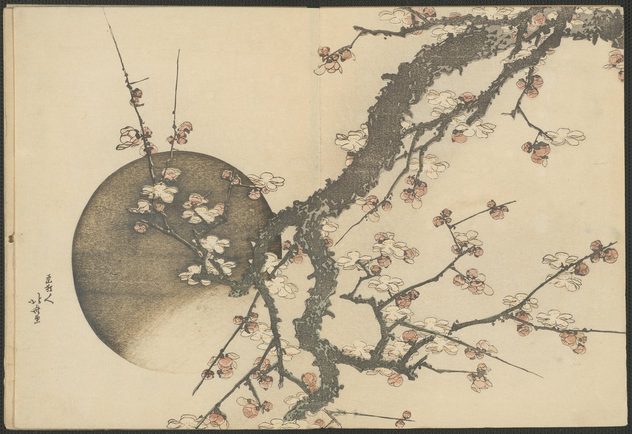 Plum Blossom and the Moon fra bogen Mount Fuji in Spring (Haru no Fuji) af Katsushika Hokusai