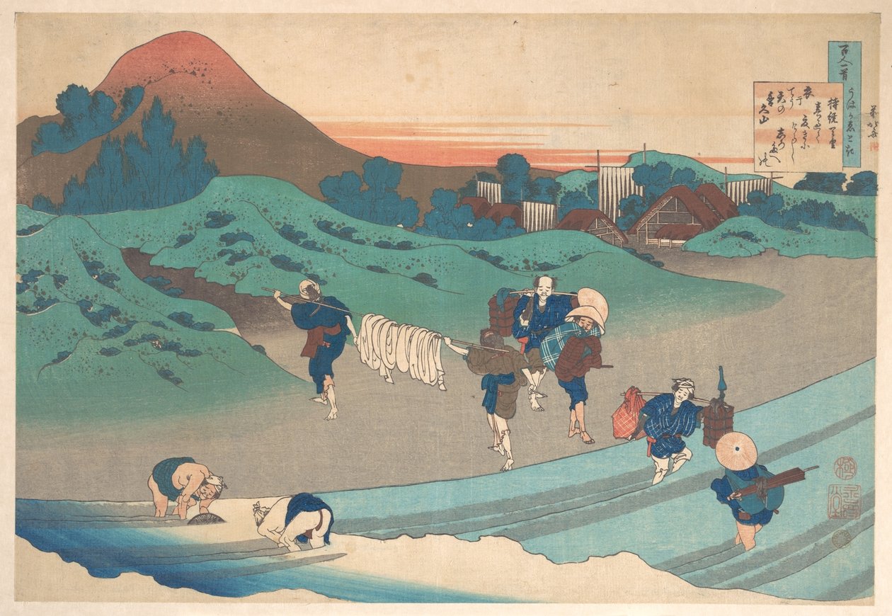 Digt af Jitō Tenno (kejserinde Jitō) fra samlingen »Hundrede digte forklaret af ammen« (Hyakunin isshu uba ga etoki) af Katsushika Hokusai