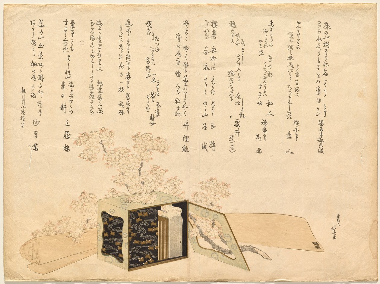 Bærbar picnicbærer i lak og kirsebærblomster af Katsushika Hokusai