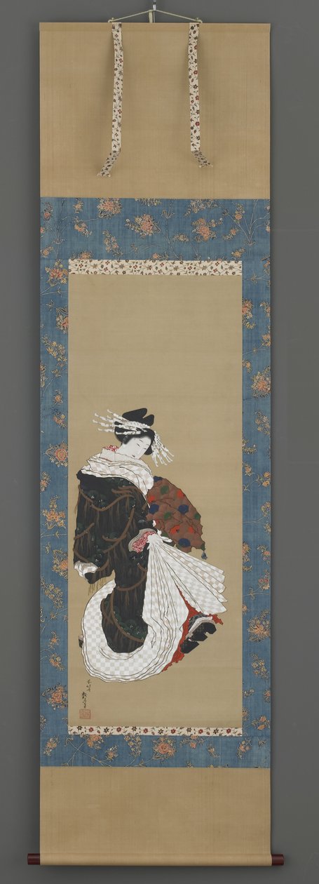 Portrait of a Courtesan Walking, ca. 1815-19 (blæk, farve og guld på silke) af Katsushika Hokusai