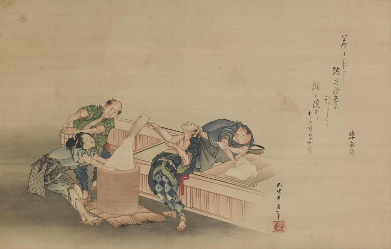 Pounding Rice for Mochi, indskrevet af Momomoto Hinamaro, Edo-perioden, ca. 1822 (blæk og farve på silke monteret som hængende rulle) af Katsushika Hokusai