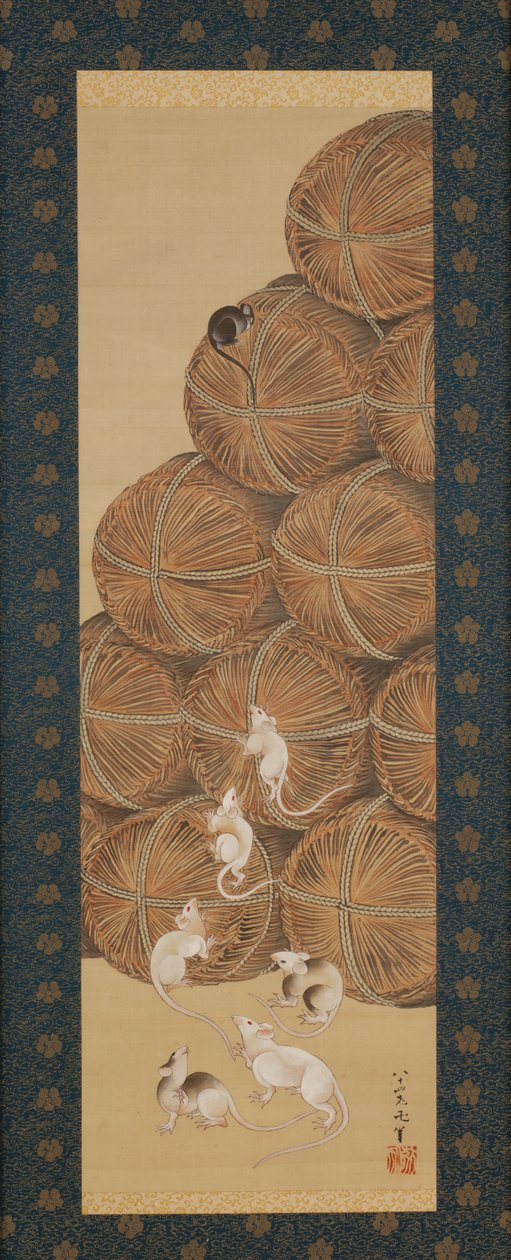 Rotter og risballer, Edo-perioden, 1843 (blæk og farve på silke) af Katsushika Hokusai