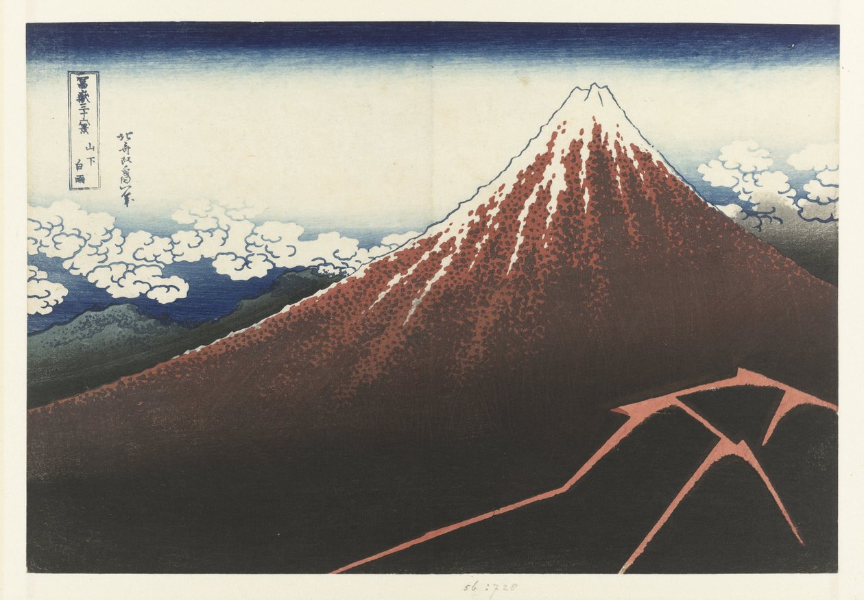 Regnvejr ved foden af ​​bjerget Rød Fuji Sanka hakuu (titel på objekt) 36 udsigter over Mount Fuji (serietitel) Fugaku sanjurokkei (serietitel på objekt) af Katsushika Hokusai