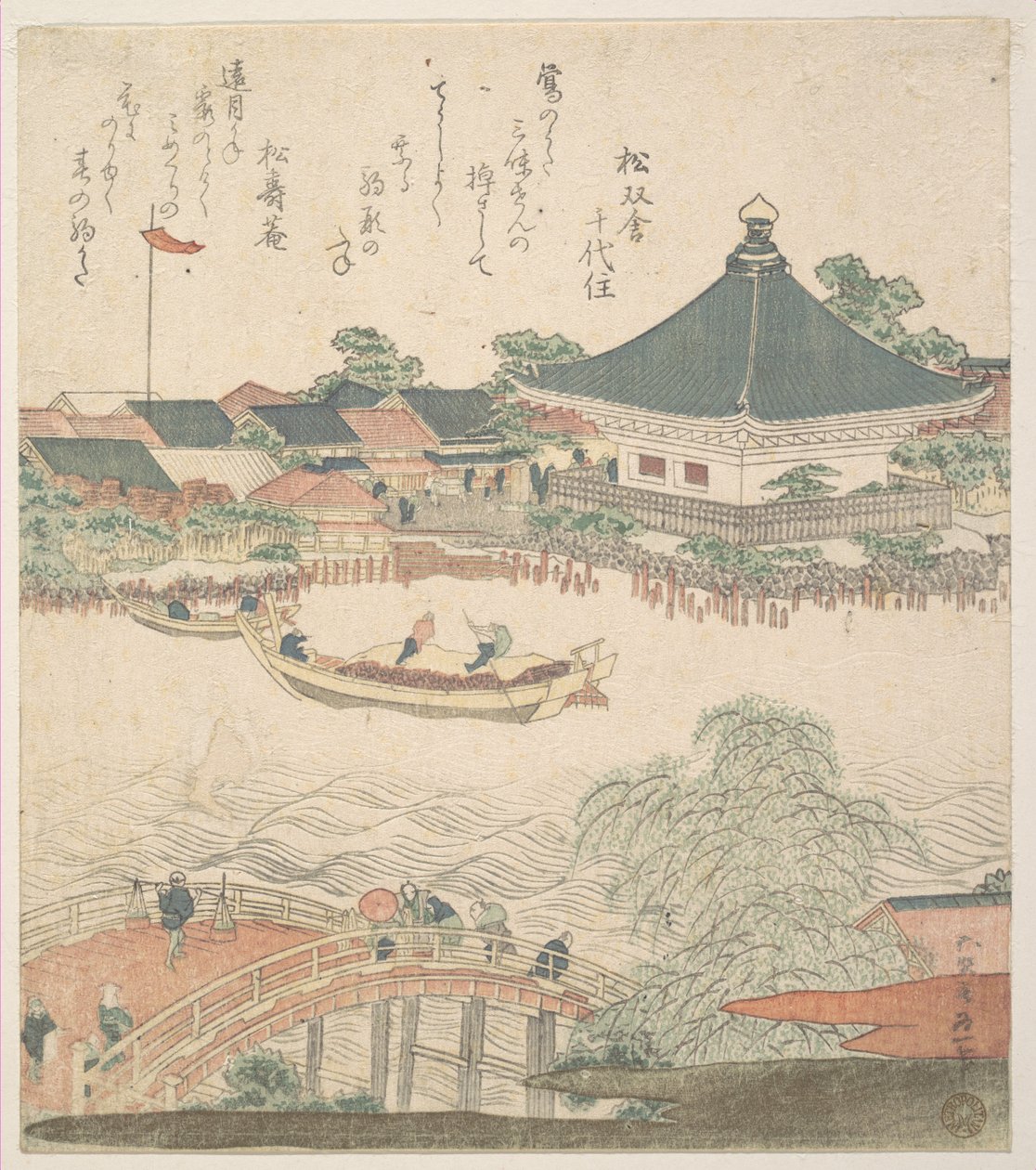 Flodscene med bro i forgrunden af Katsushika Hokusai