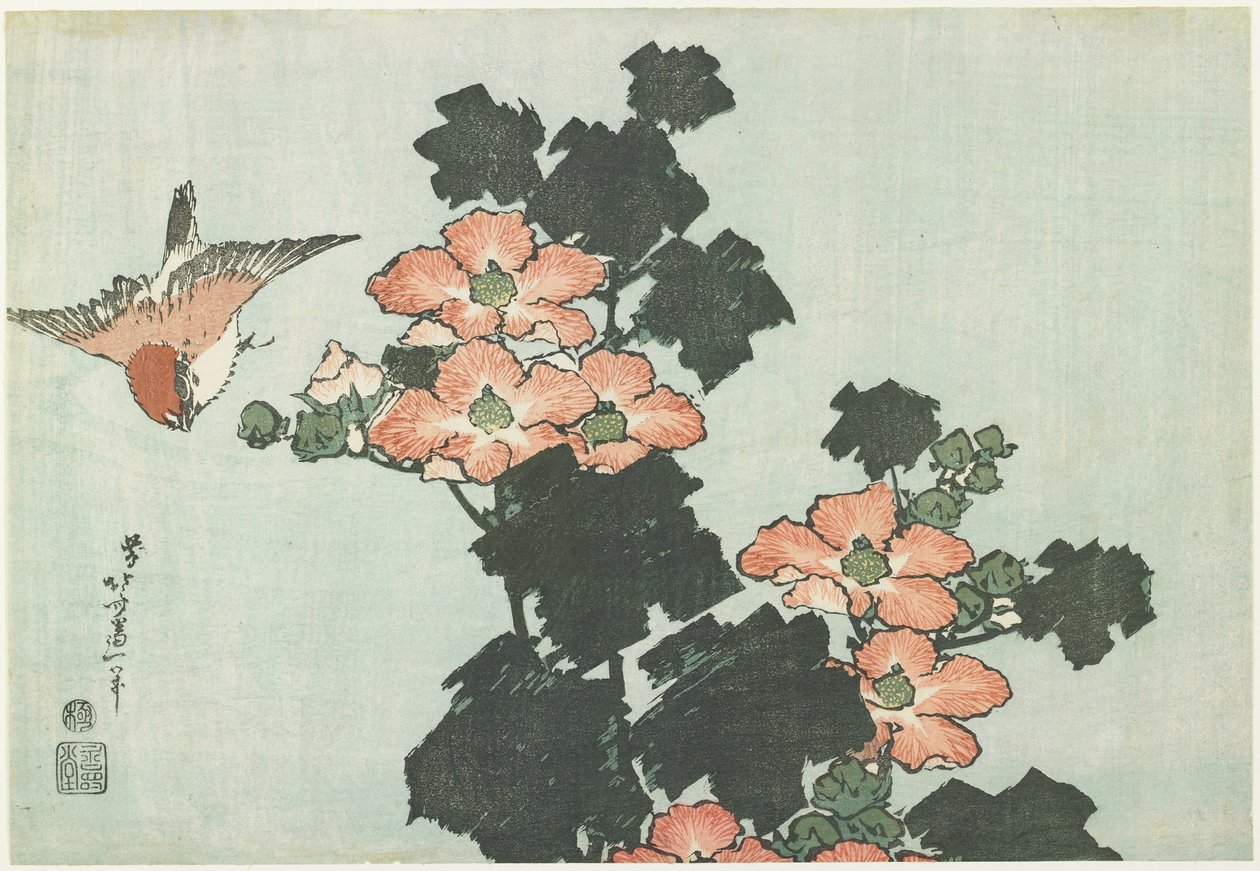 Rose Mallow og Spurv, ca. 1832 af Katsushika Hokusai