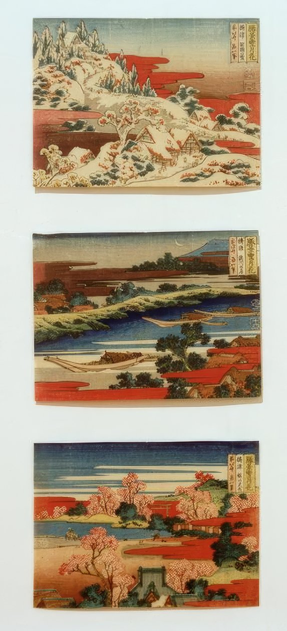 Sne, måne og blomster i smukke landskaber af Katsushika Hokusai