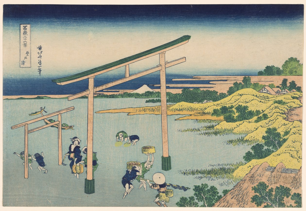 Seashore at Nobutoura (Nobutoura), fra serien "Thirty-six Views of Mount Fuji (Fugaku sanjurokkei)" af Katsushika Hokusai