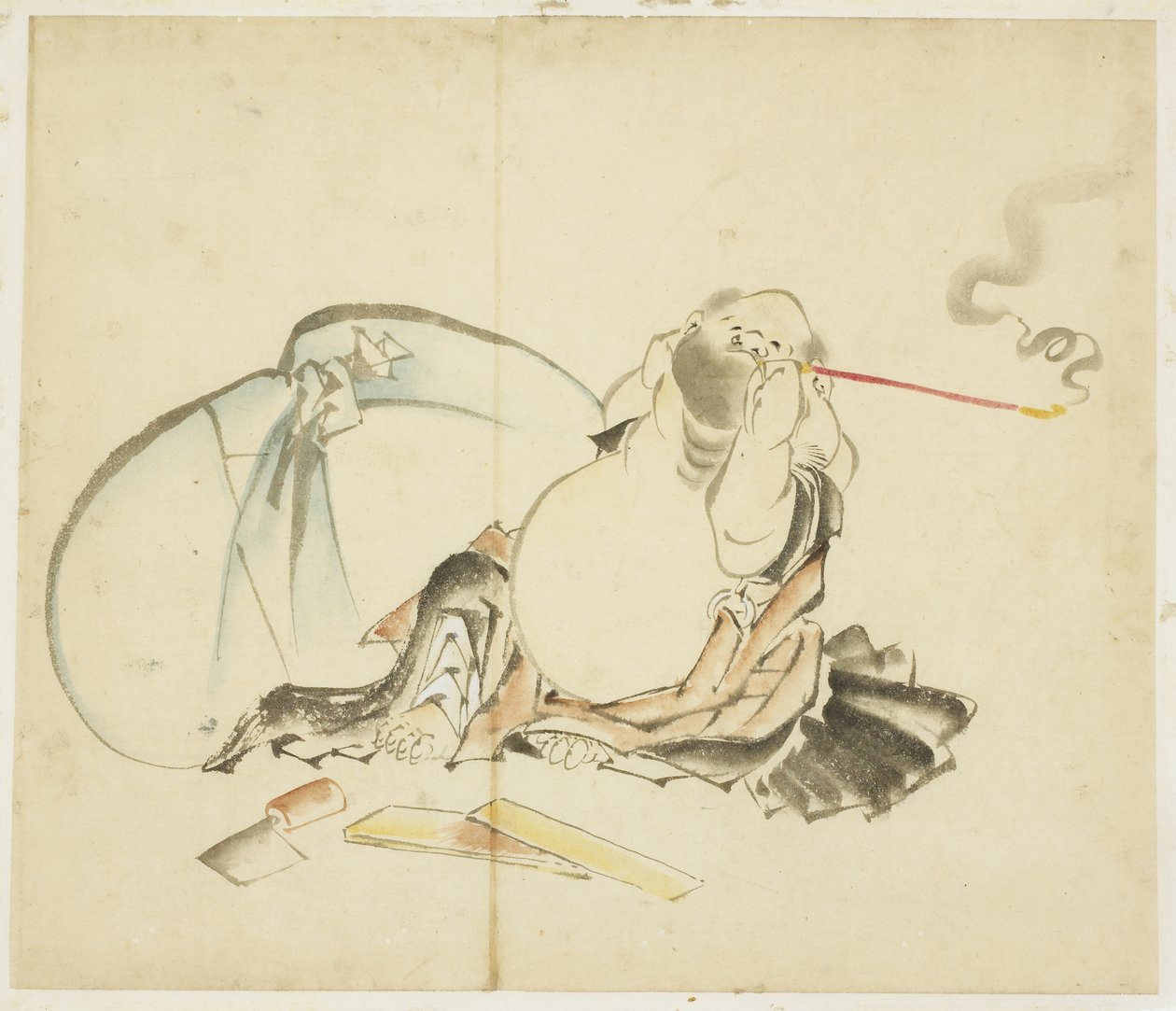 Siddende Hotei ryger en pibe, ca. 1815-1849 (blæk og farve på papir) af Katsushika Hokusai