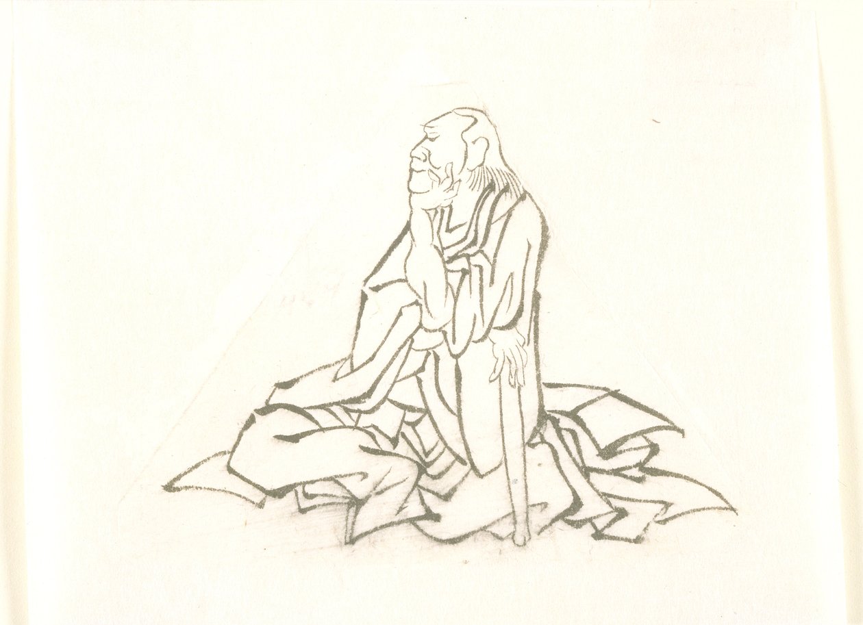 Siddende gammel mand, der støtter sig til en stok af Katsushika Hokusai