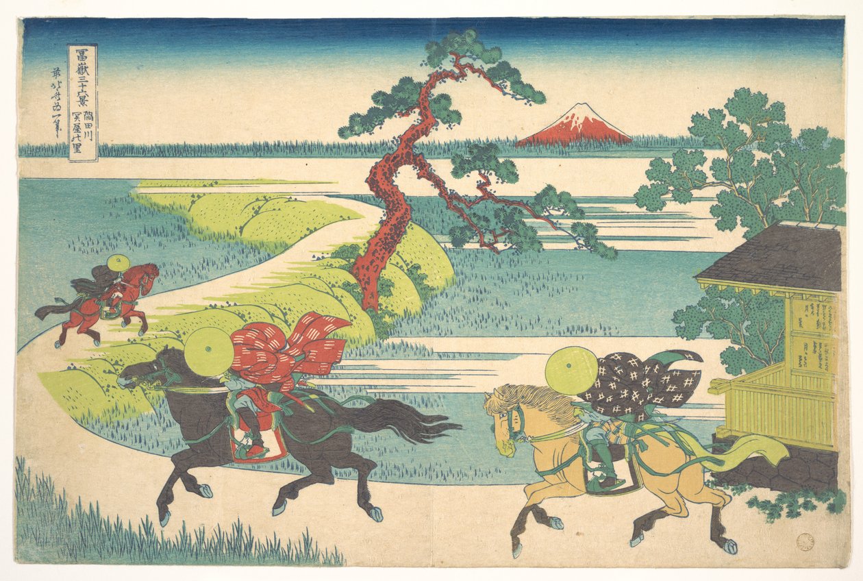 Landsbyen Sekiya ved Sumida-floden (Sumidagawa Sekiya no sato), fra serien »De 36 udsigter over Fuji-bjerget« (Fugaku sanjūrokkei) af Katsushika Hokusai