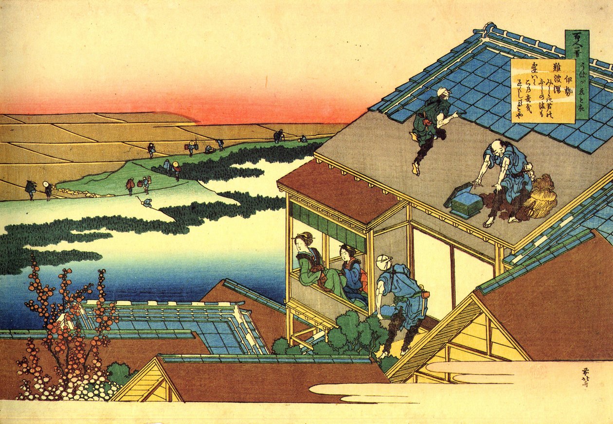 Serie på hundrede digte af hundrede digtere: ""Lady Ise"" landskab, Japan - Tryk af Katsushika Hokusai (1760-1849) (ukiyo-e skole) omkring 1830 State Hermitage Saint Petersburg af Katsushika Hokusai