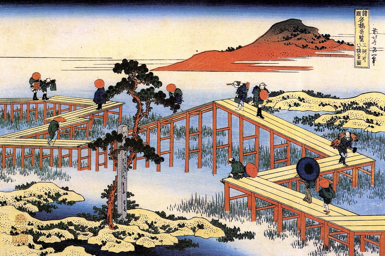 Serie af bemærkelsesværdige udsigter over broer fra forskellige provinser: Yatsuhashi-broen i Mikawa-provinsen, Japan - Tryk af Katsushika Hokusai (1760-1849) (ukiyo-e skole) 1835 State Hermitage Sankt Petersborg Rusland af Katsushika Hokusai