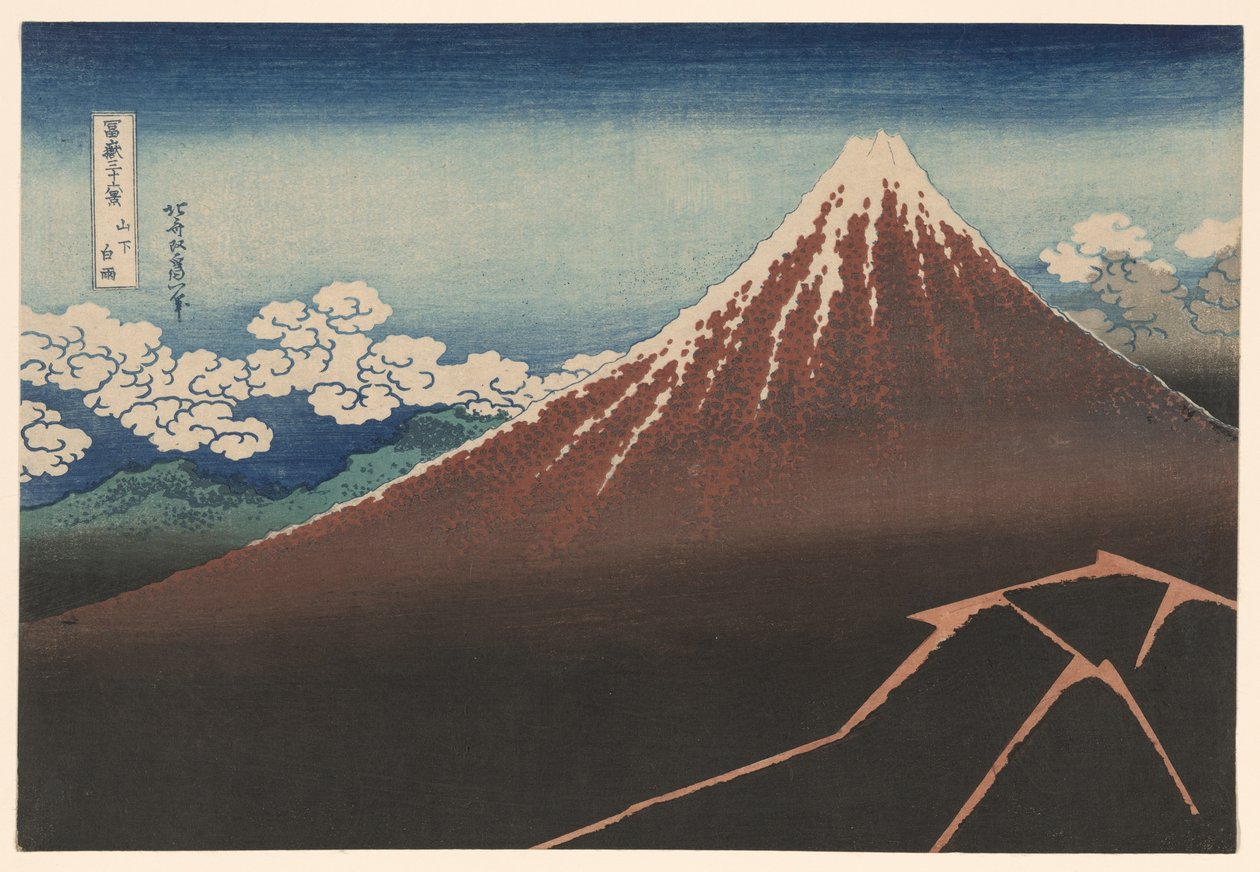 Shower Below the Summit (Sanka hakuu), fra serien "Thirty-six Views of Mount Fuji (Fugaku sanjurokkei)" af Katsushika Hokusai