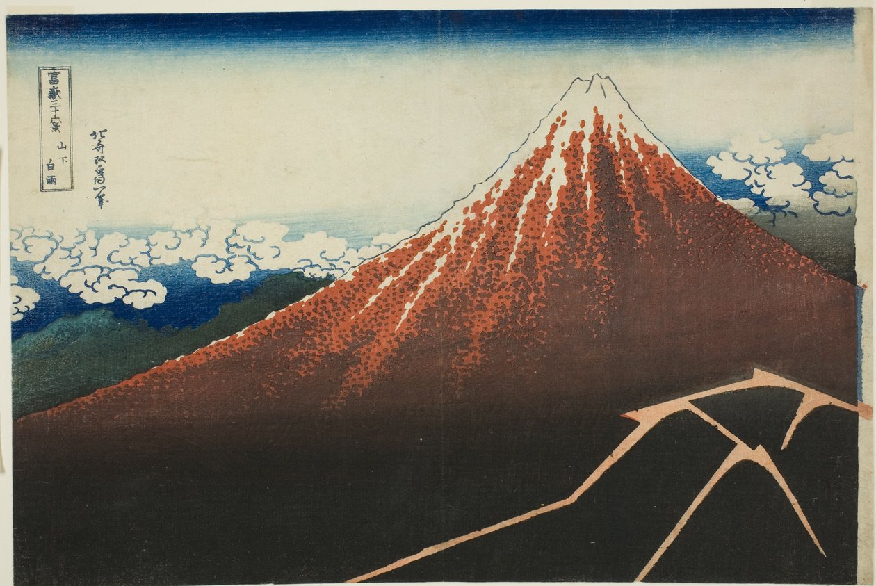Shower Below the Summit (Sanka hakuu), fra serien "Thirty-six Views of Mount Fuji (Fugaku sanjurokkei)" af Katsushika Hokusai