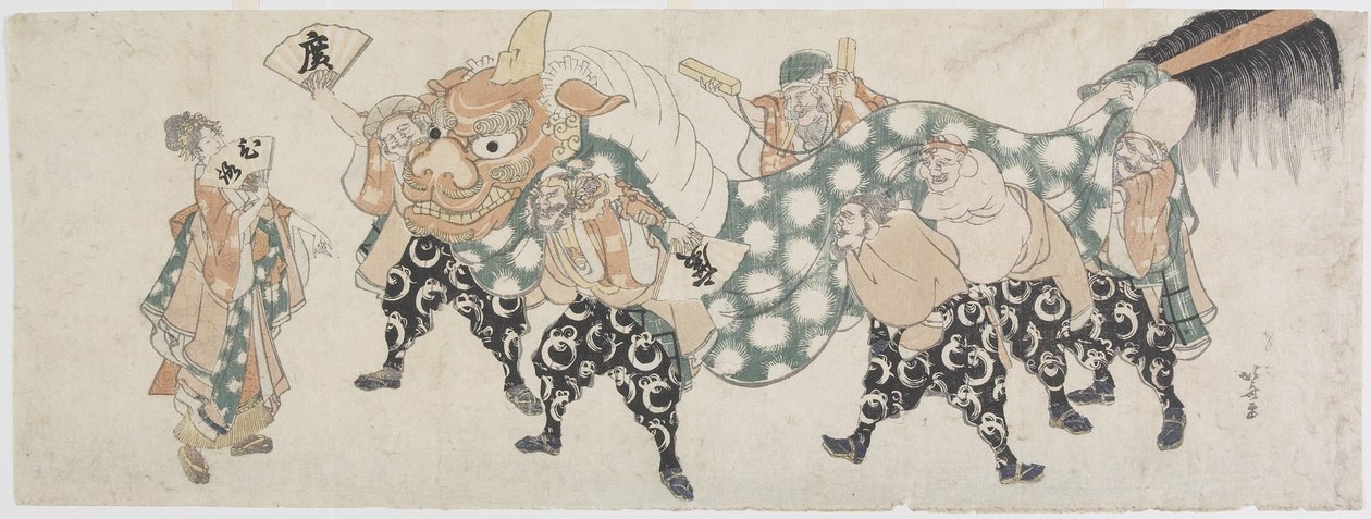 Seks mandlige guder, der udfører løvedansen, 1797-1819 (træblok i farver) af Katsushika Hokusai