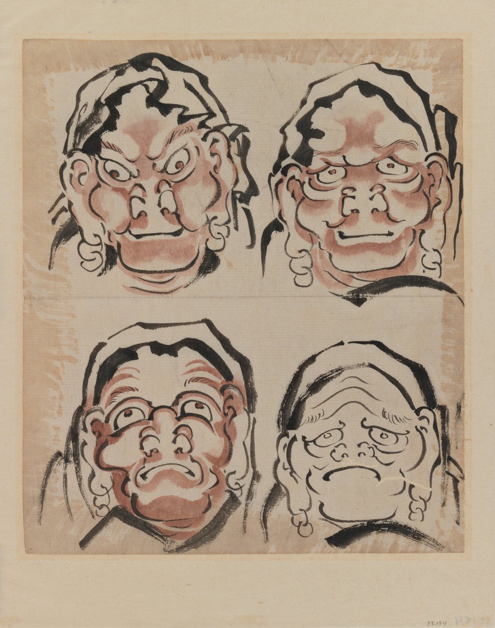 Skitse af fire ansigter (blæk på papir) af Katsushika Hokusai