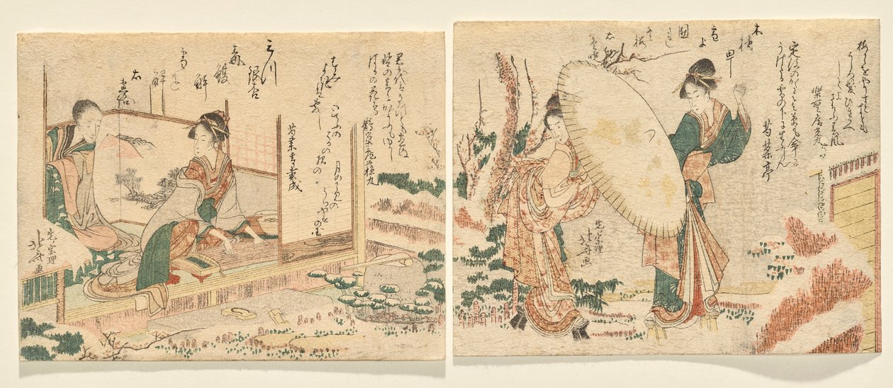 Snowy Morning: To kvinder går i en snedækket have i snegeta med en paraply; L: Ung kvinde spiller koto og ser på sin mor af Katsushika Hokusai
