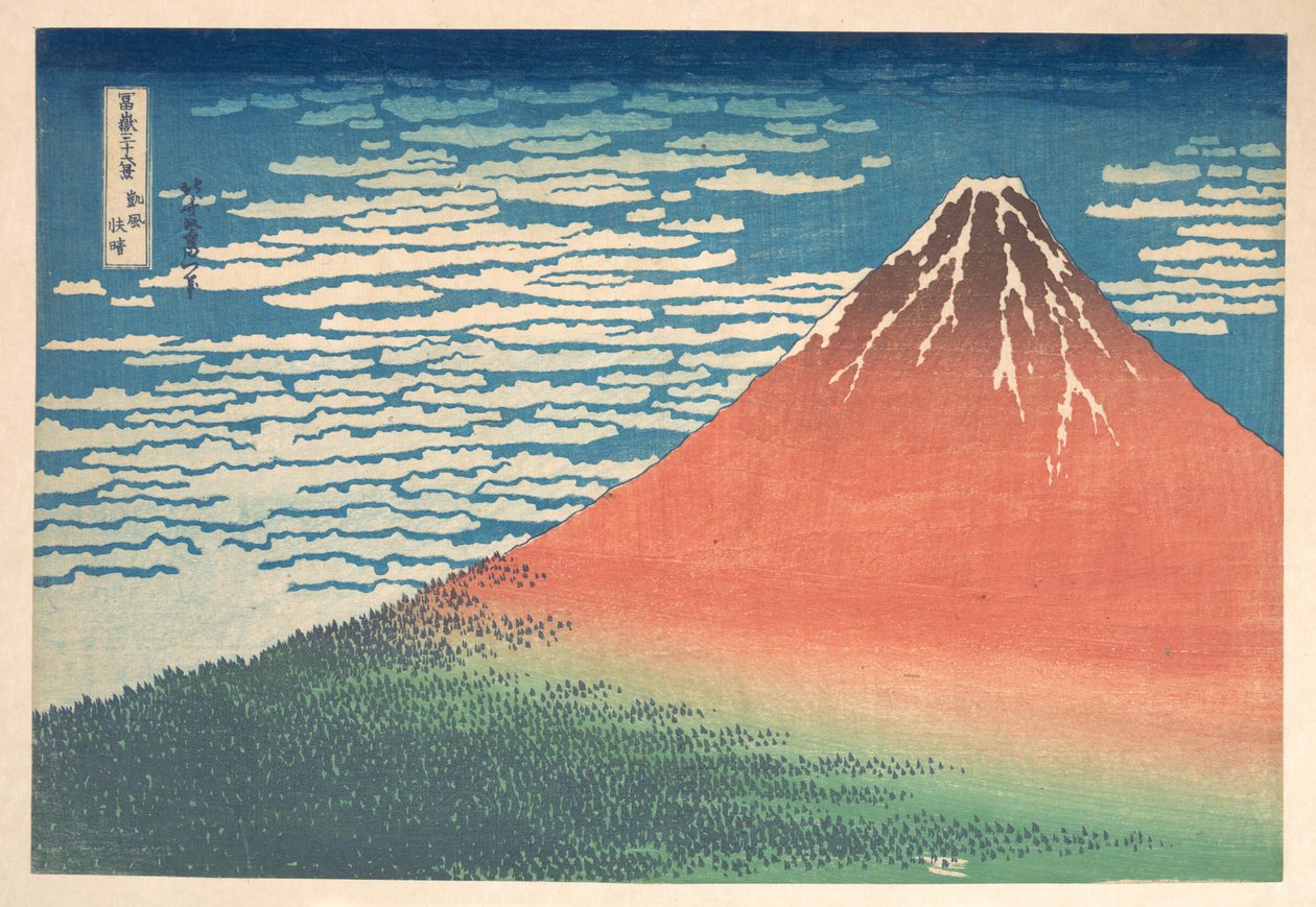 »Sydvind, klar himmel« (Gaifū kaisei), også kendt som »Røde Fuji«, fra serien »De 36 udsigter over Fuji-bjerget« (Fugaku sanjūrokkei) af Katsushika Hokusai