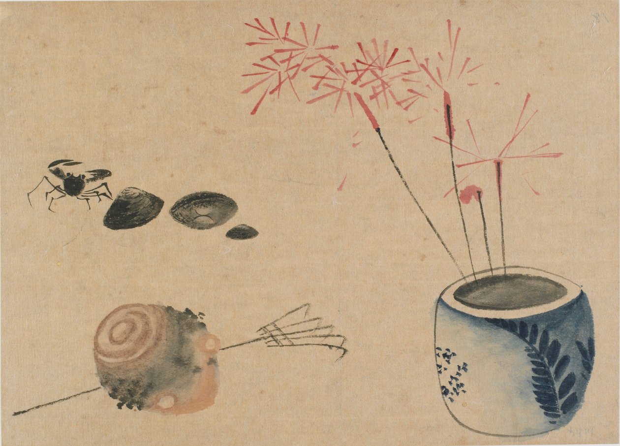 Stjernekastere, krabbe og løg, slutningen af det 18.-begyndelsen af det 19. århundrede. af Katsushika Hokusai