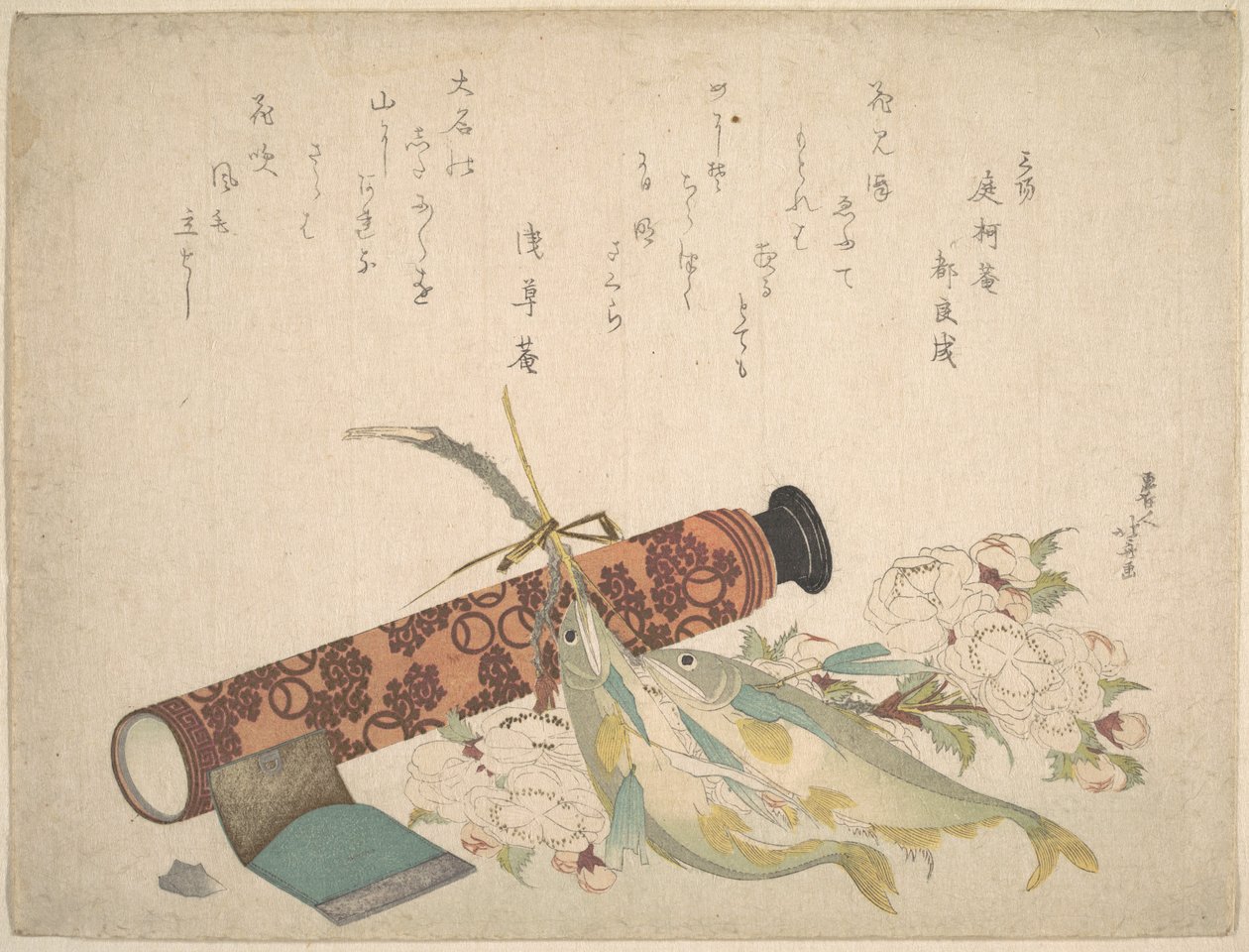 Stilleben: Dobbelt kirsebærblomstgren, teleskop, sød fisk og servietæske af Katsushika Hokusai